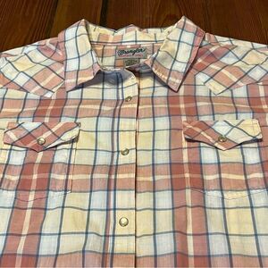 Wrangler Men XL Pink Beige Plaid‎ Western Pearl Snap Button Up Shirt